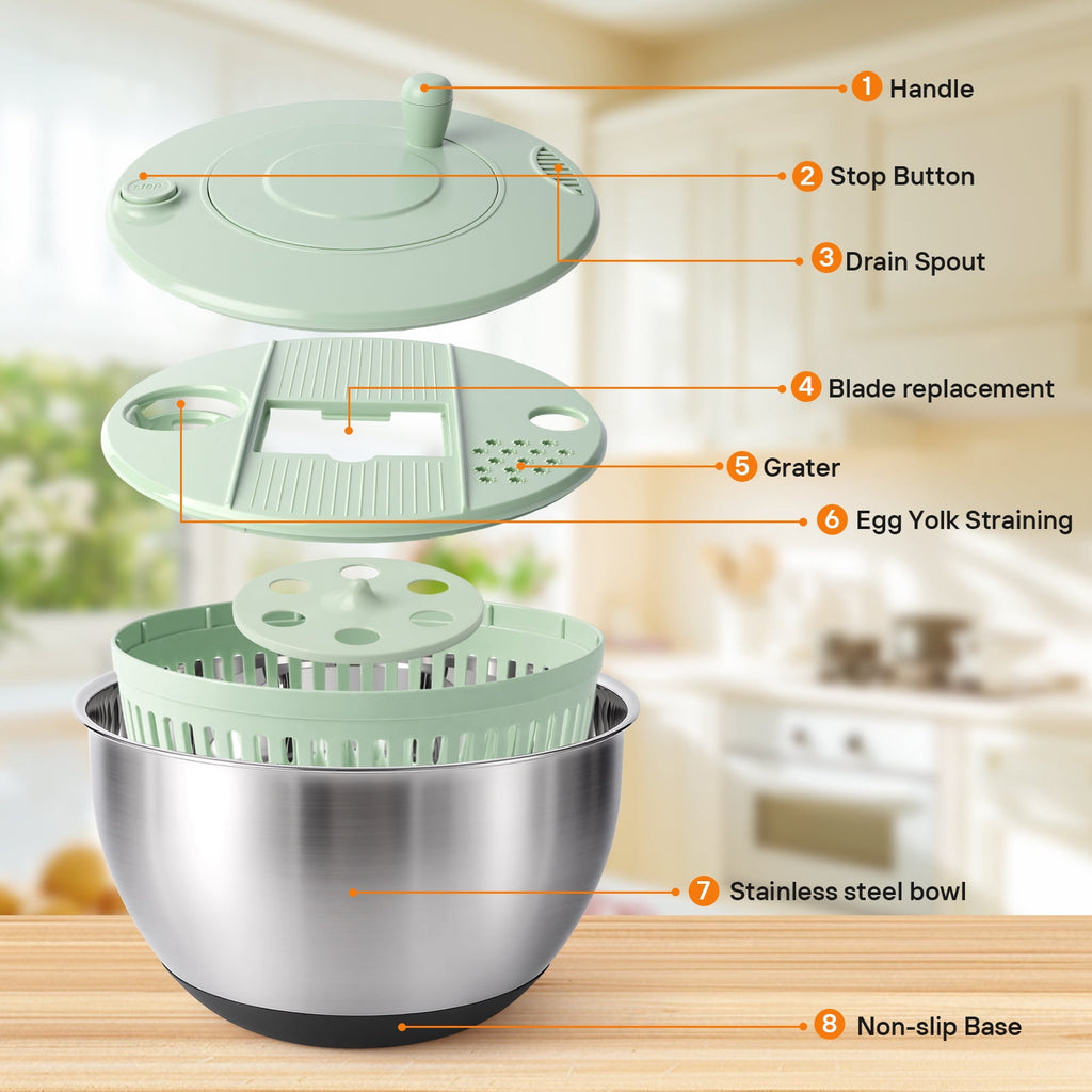 3-in-1 Stainless Steel Salad Spinner with 6 Blades, 4.76 Qt