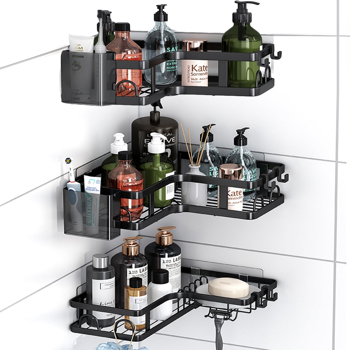 PHANCIR No-Drill Corner Shower Caddy with Hooks, Black