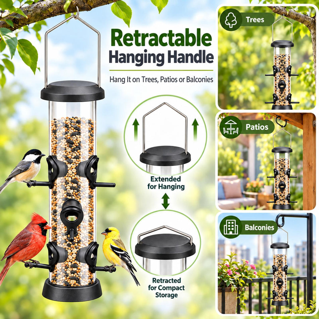 PHANCIR Tube Bird Feeder with 6 Feeding Ports