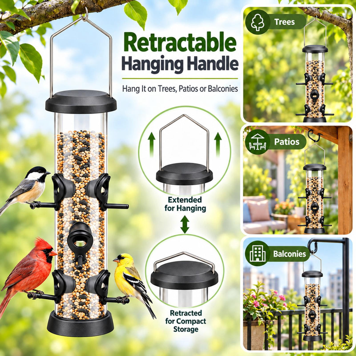 PHANCIR Tube Bird Feeder with 6 Feeding Ports
