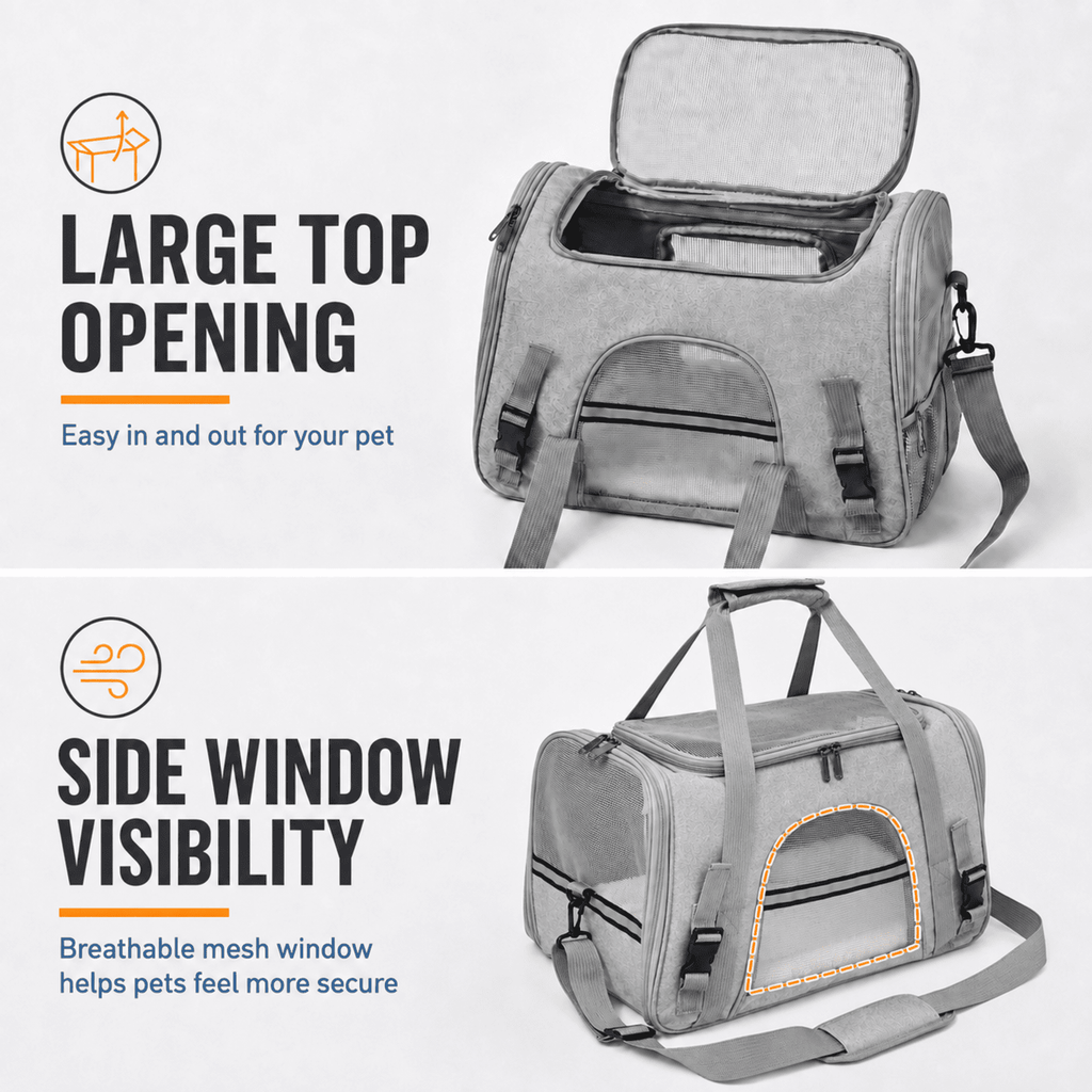 PHANCIR 17.32-Inch Foldable Soft-Sided Cat Carrier with Plush Mat, Gray