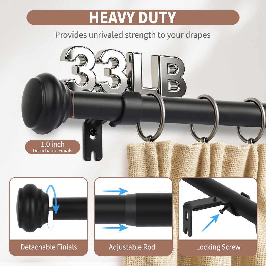 PHANCIR 28-48 Inch Adjustable Curtain Rod with 2 Brackets, Black