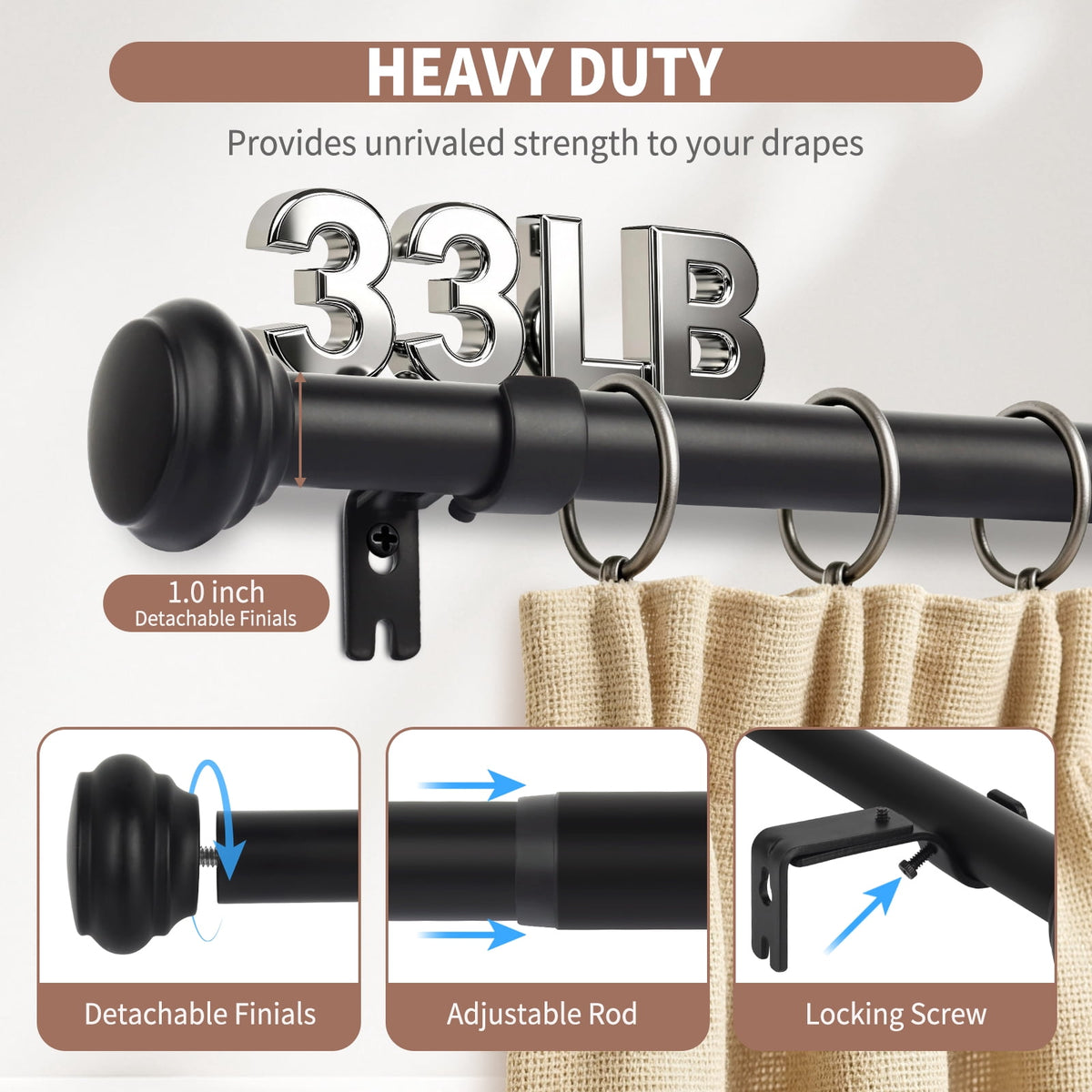 PHANCIR 28-48 Inch Adjustable Curtain Rod with 2 Brackets, Black