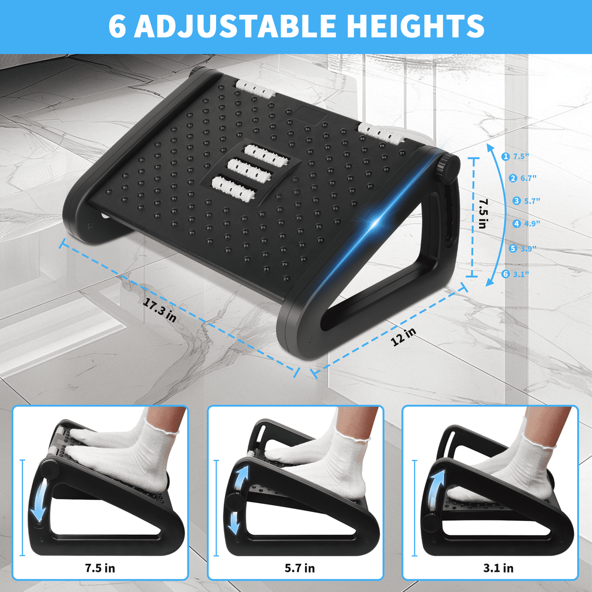 PHANCIR Under Desk Foot Rest, 6 Heights, Massage Roller & Suction Cups