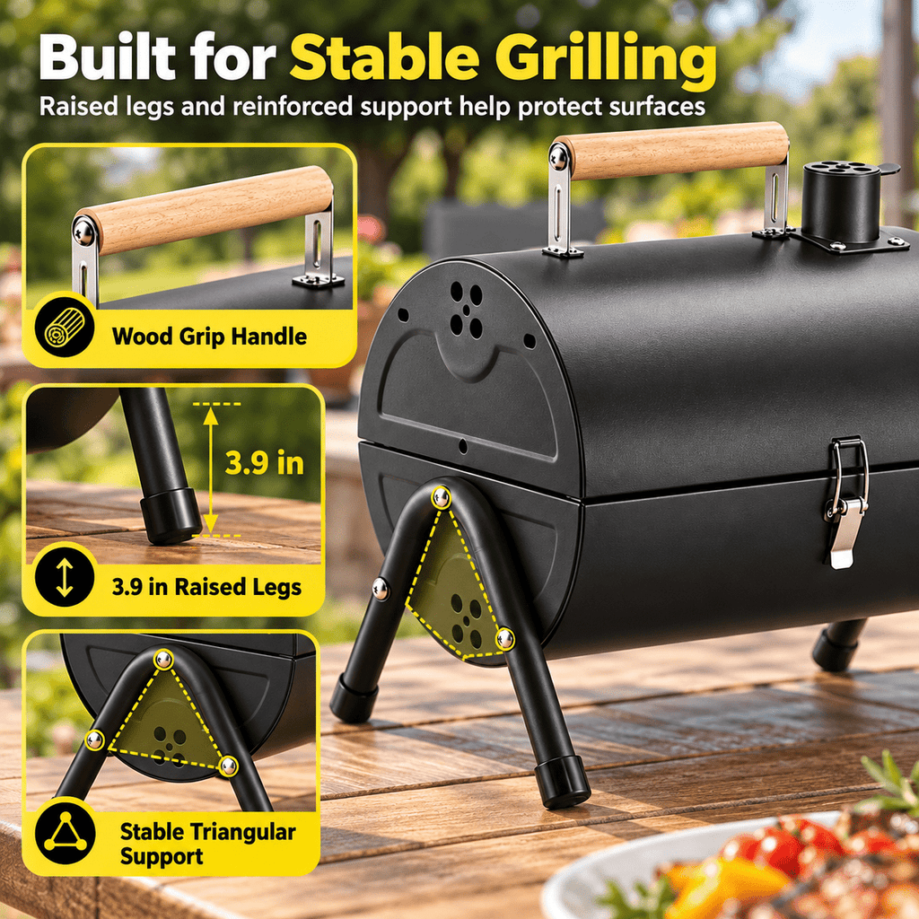 Portable Barrel Charcoal Grill and Tabletop BBQ Smoker, Black