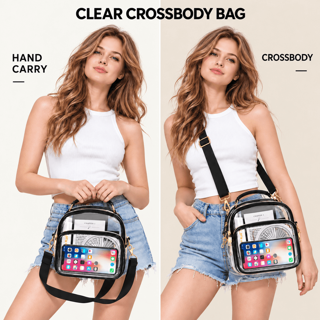 PHANCIR Clear Crossbody Stadium Bag, Black