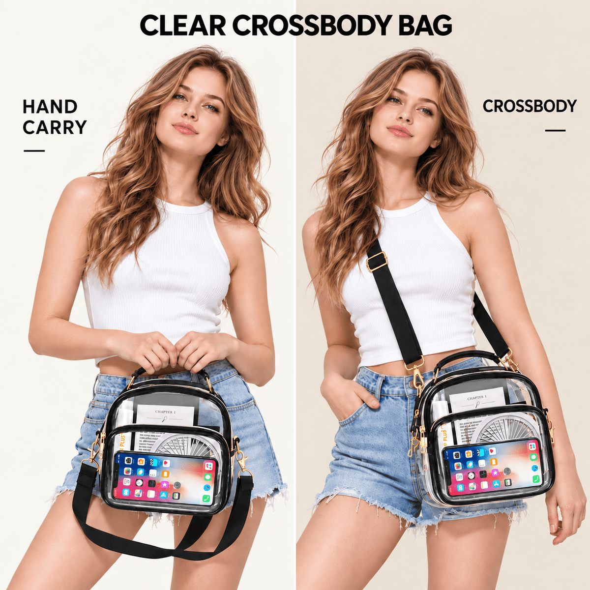 PHANCIR Clear Crossbody Stadium Bag, Black