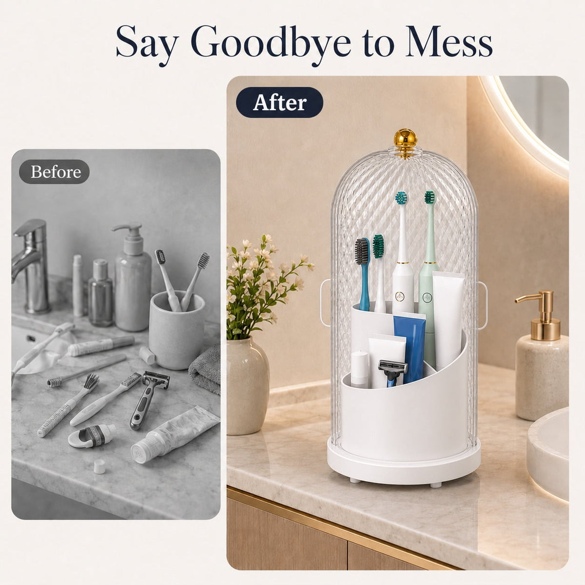 3-Slot Rotating Toothbrush Holder with Cover and Drainage Holes