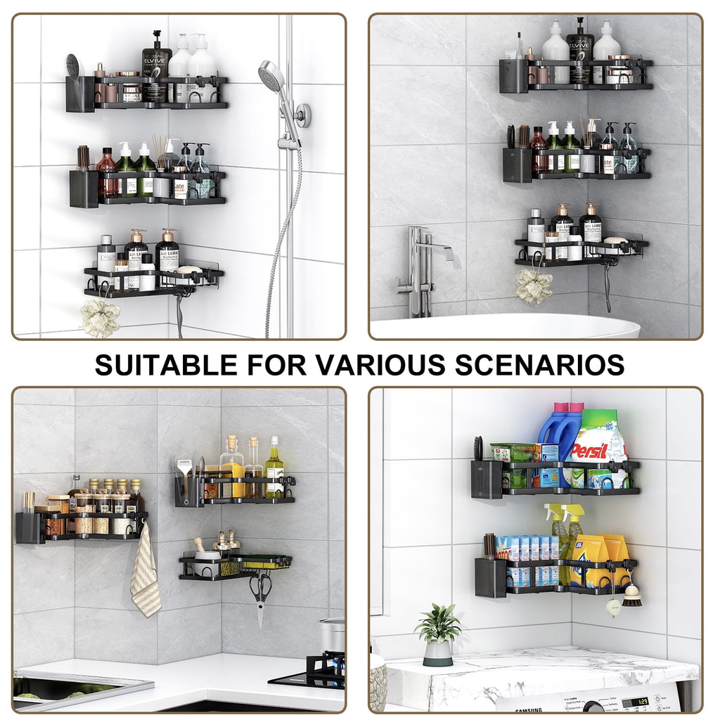 PHANCIR No-Drill Corner Shower Caddy with Hooks, Black