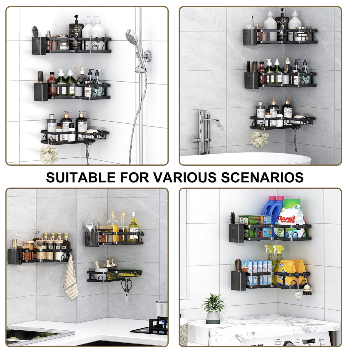 PHANCIR No-Drill Corner Shower Caddy with Hooks, Black