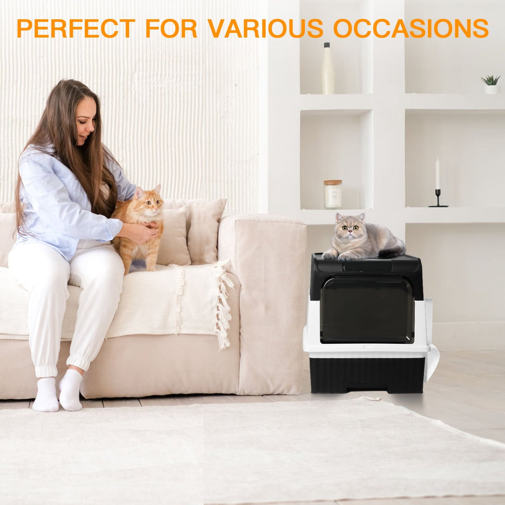 PHANCIR Foldable Enclosed Cat Litter Box with Scoop, Black