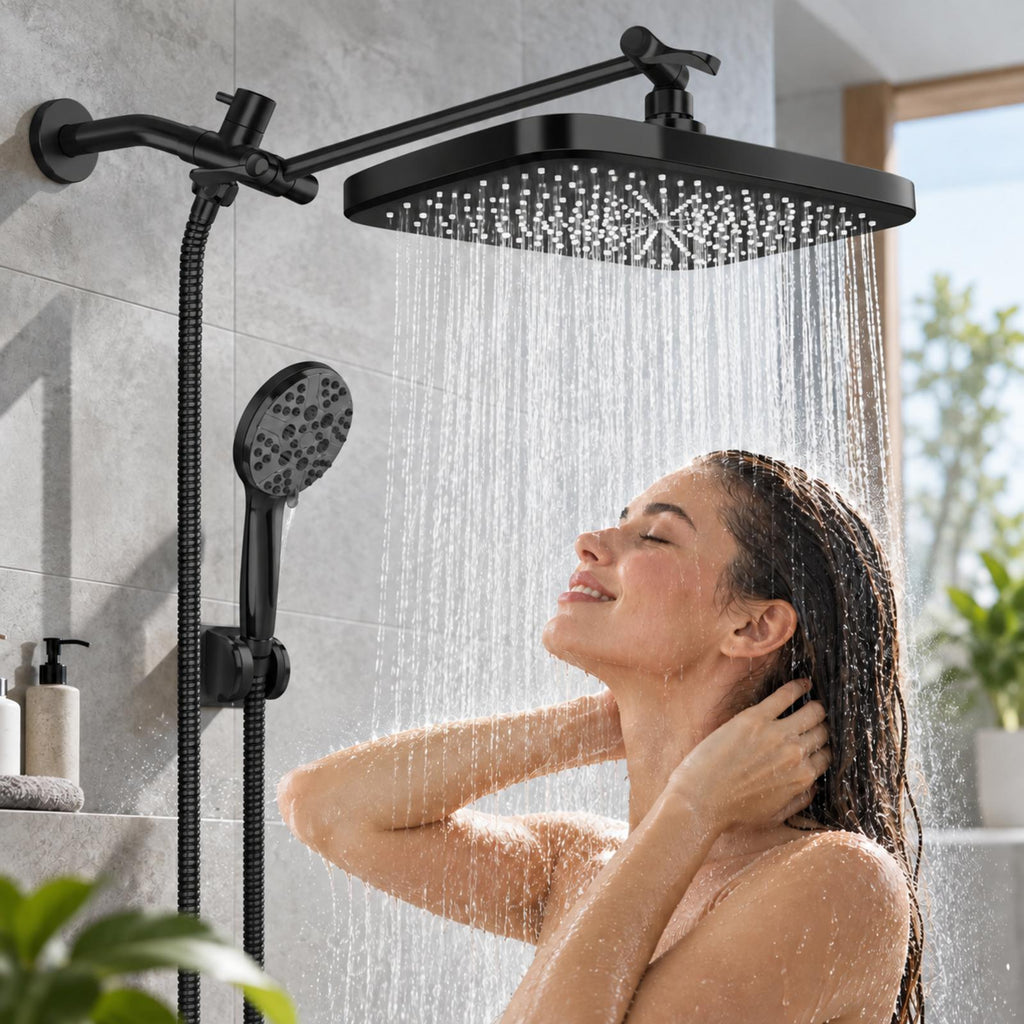 12" Rain Shower Head Combo, High Pressure Rainfall & 6 Spray Handheld Shower Head