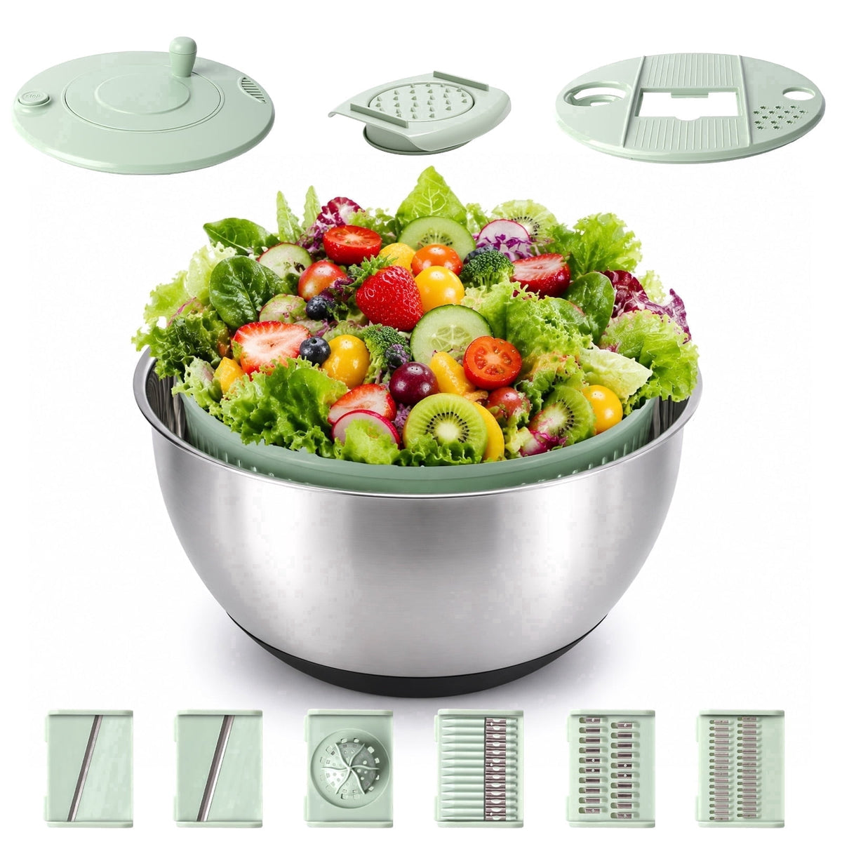 3-in-1 Stainless Steel Salad Spinner with 6 Blades, 4.76 Qt