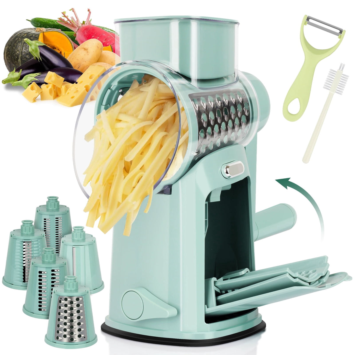 Rotary Cheese Grater with 10 Blades and Suction Base, Green