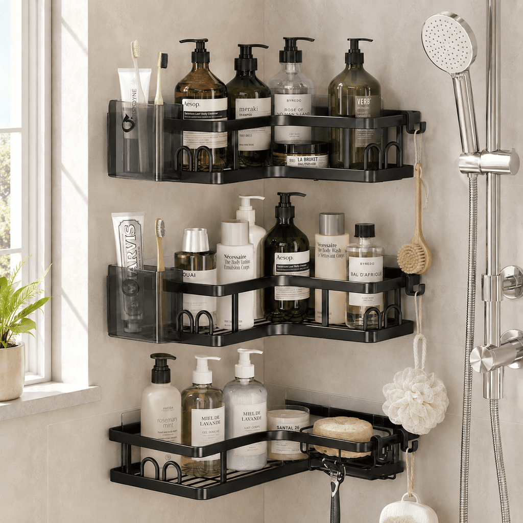 PHANCIR No-Drill Corner Shower Caddy with Hooks, Black