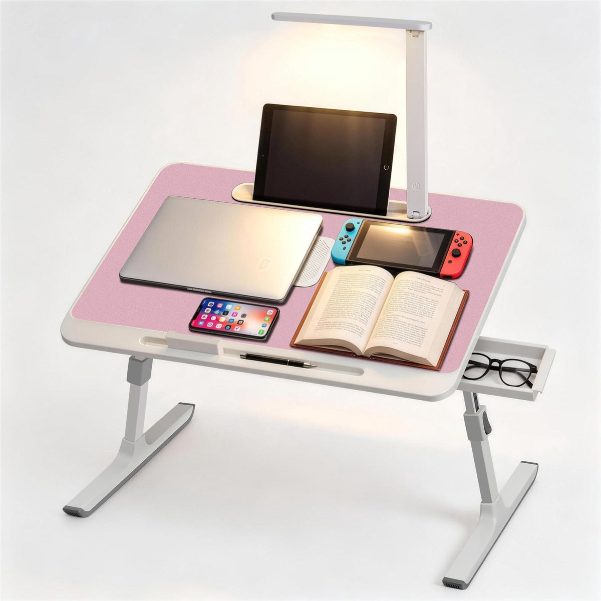 PHANCIR Folding Lap Desk with Cooling Fan and LED Light, Pink