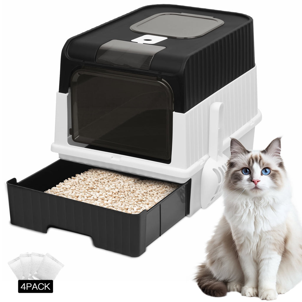 PHANCIR Foldable Enclosed Cat Litter Box with Scoop, Black