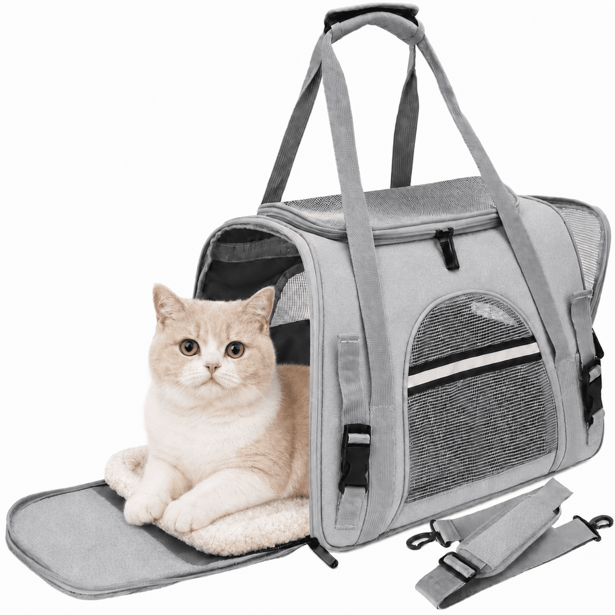PHANCIR 17.32-Inch Foldable Soft-Sided Cat Carrier with Plush Mat, Gray
