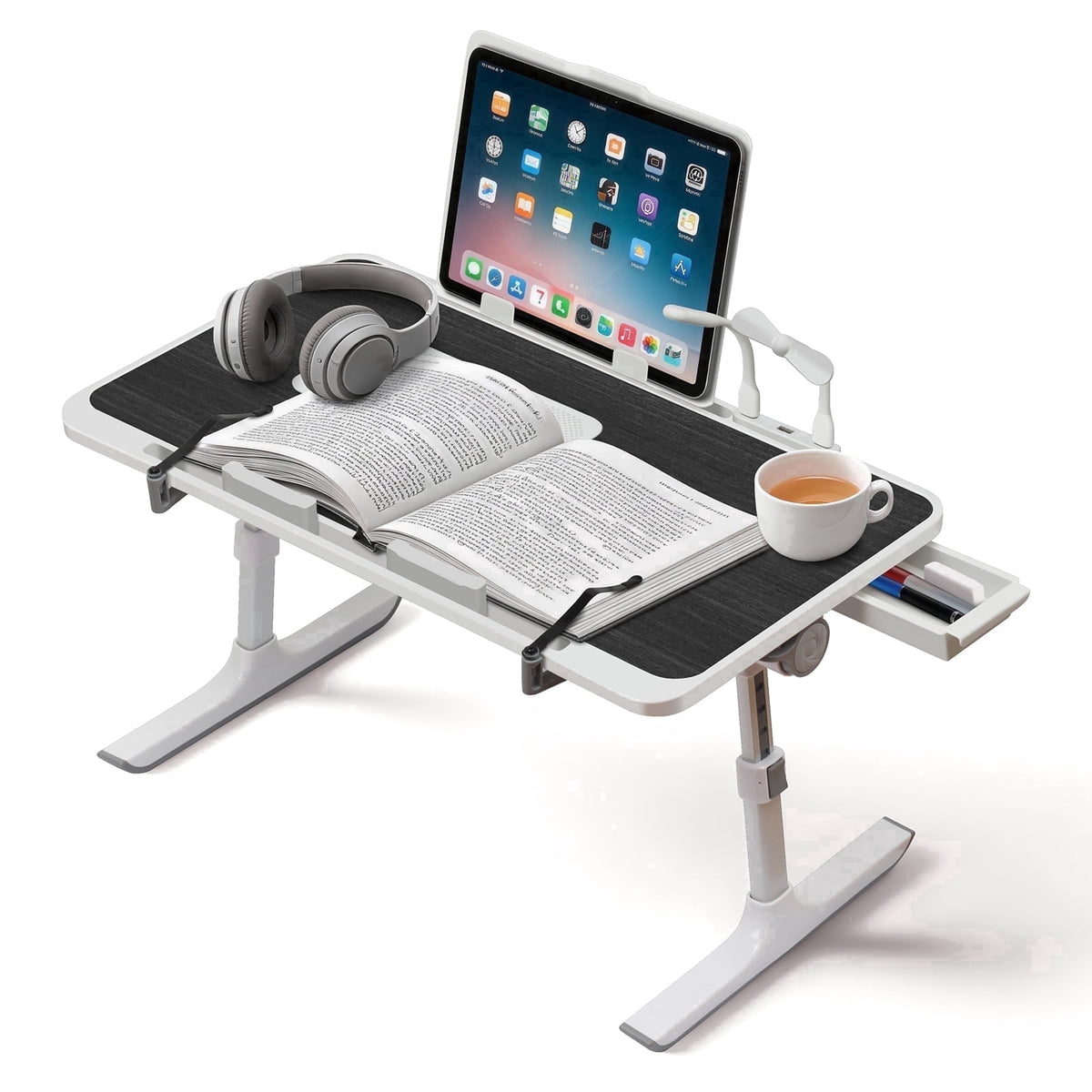 PHANCIR Adjustable Lap Desk with Fan, LED Light and Book Stand, Black