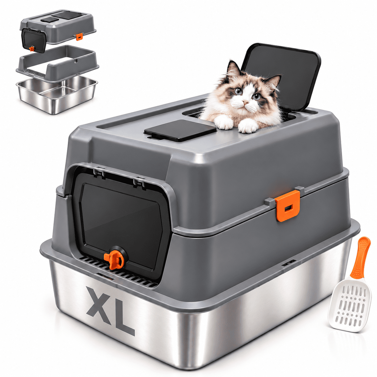 PHANCIR XL Stainless Steel Cat Litter Box with Lid, Gray