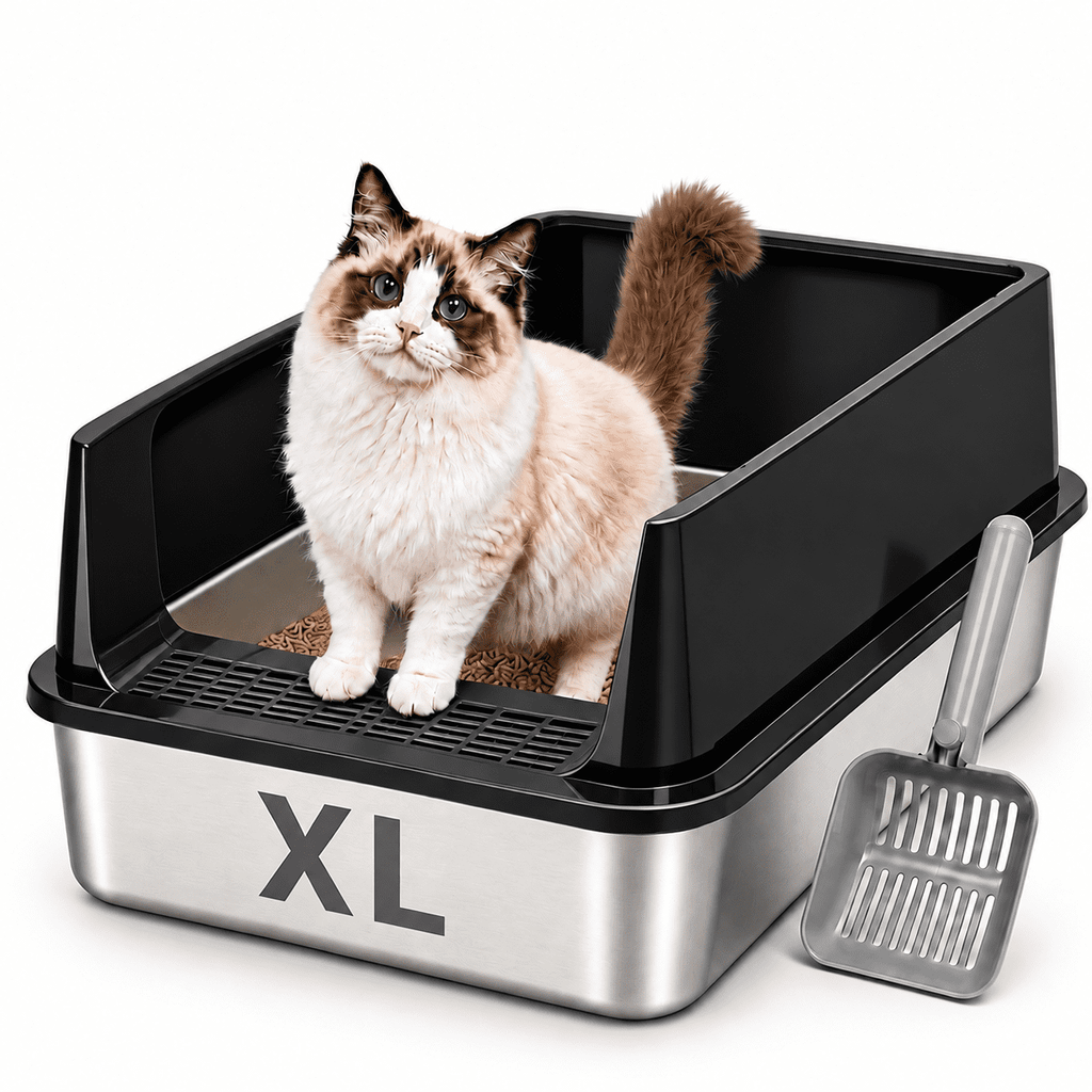 PHANCIR XL High-Sided Stainless Steel Cat Litter Box with Scoop, Black