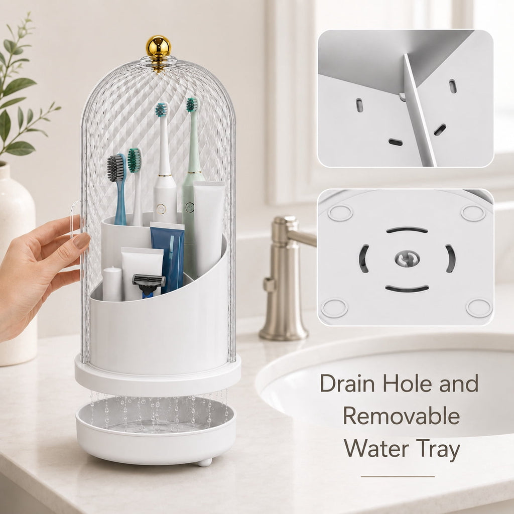 3-Slot Rotating Toothbrush Holder with Cover and Drainage Holes