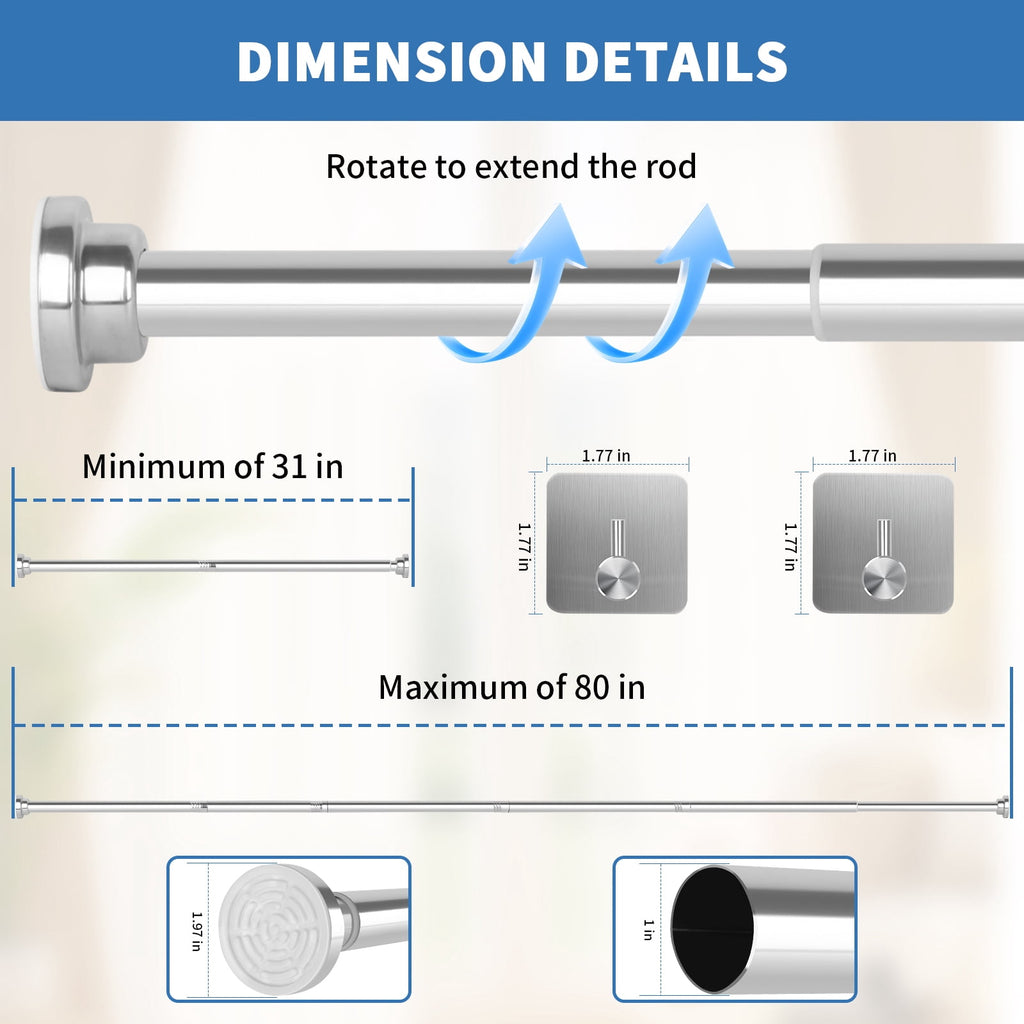 PHANCIR 31-80 Inch No-Drill Shower Curtain Rod with 2 Hooks, Silver