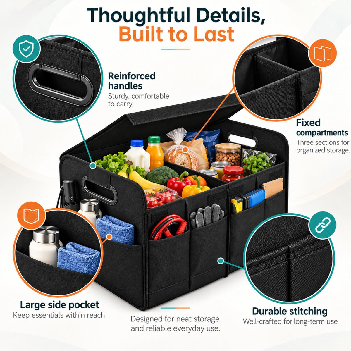 PHANCIR Foldable Car Trunk Organizer with Lid, Black