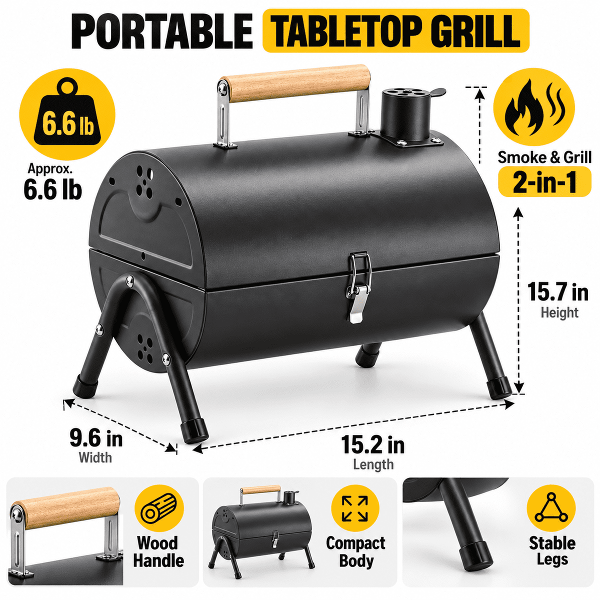 Portable Barrel Charcoal Grill and Tabletop BBQ Smoker, Black