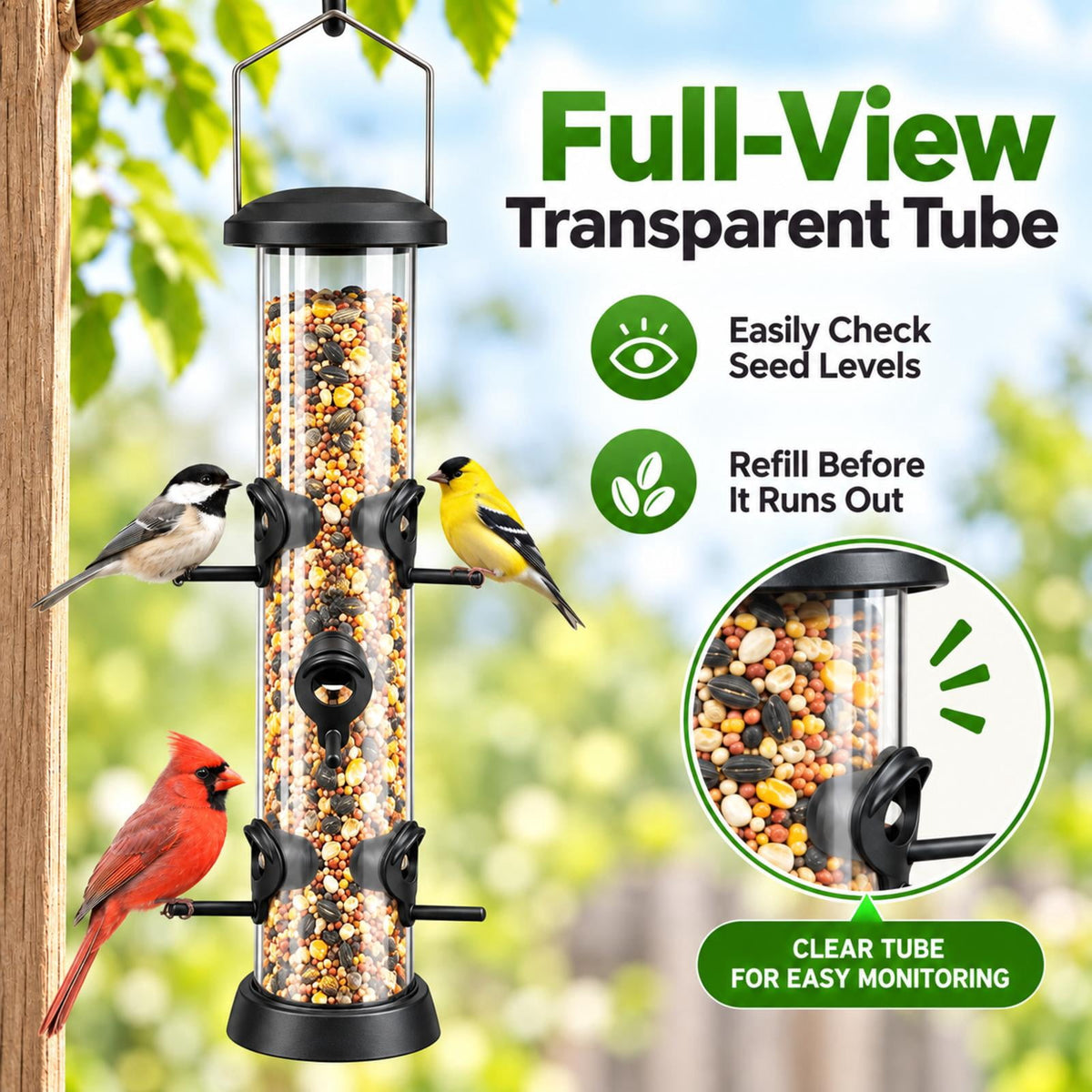 PHANCIR Tube Bird Feeder with 6 Feeding Ports