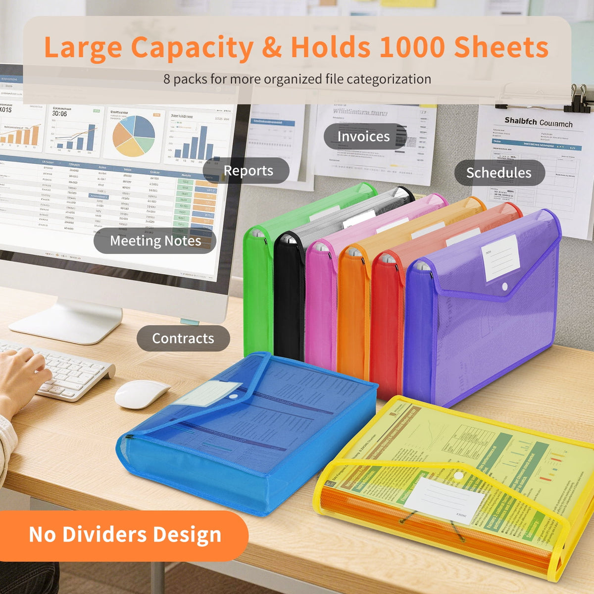 PHANCIR 8-Pack Expanding File Folders, Snap Closure, A4/Letter, Multicolor