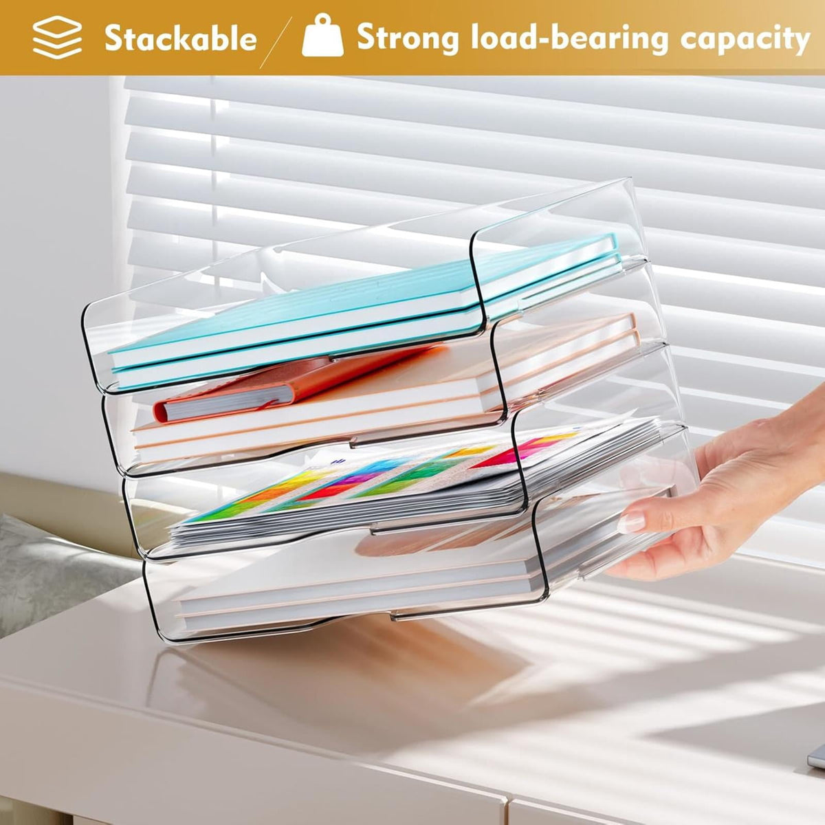 PHANCIR Clear 4-Tier Stackable Desk Organizer for A4 & Letter Paper