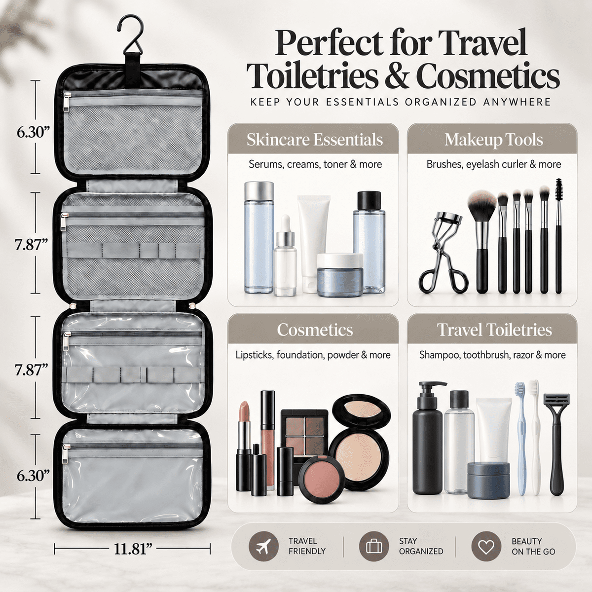 Water-Resistant Hanging Travel Toiletry Bag with Hook