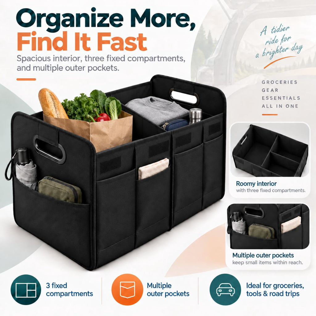 PHANCIR Foldable Car Trunk Organizer with Lid, Black