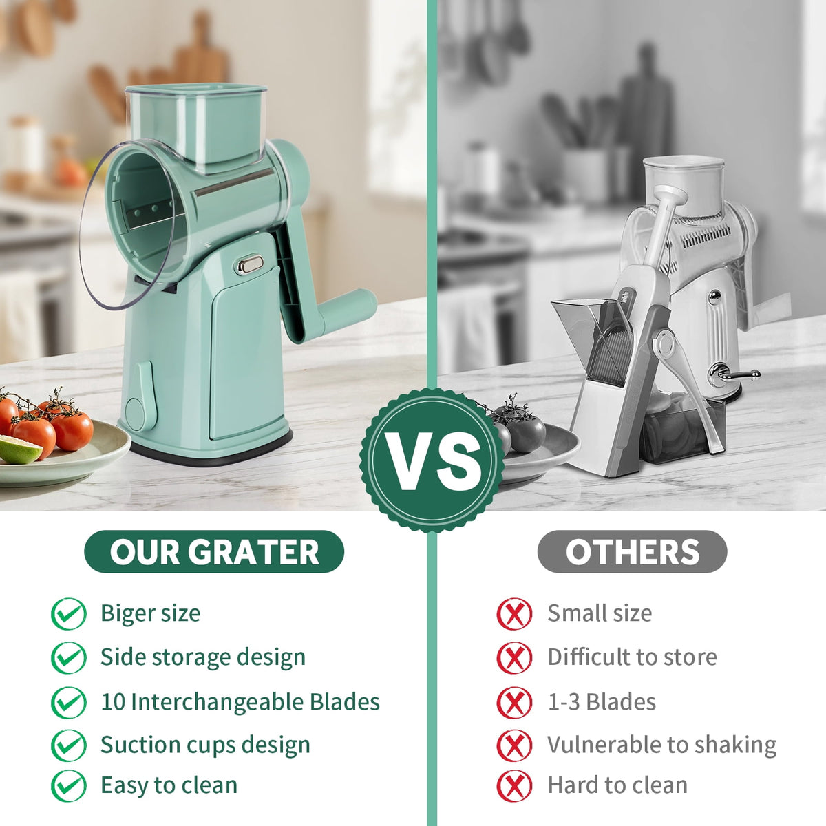 Rotary Cheese Grater with 10 Blades and Suction Base, Green