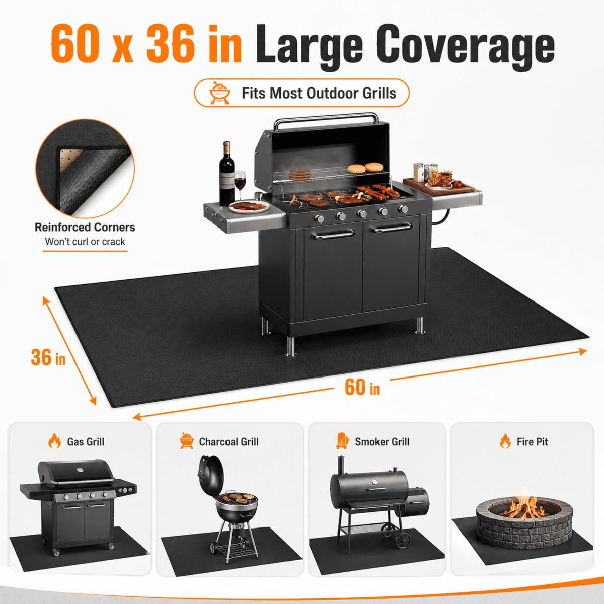 60 x 36 Inch Under Grill Mat with Weighted Corners and Storage Bag