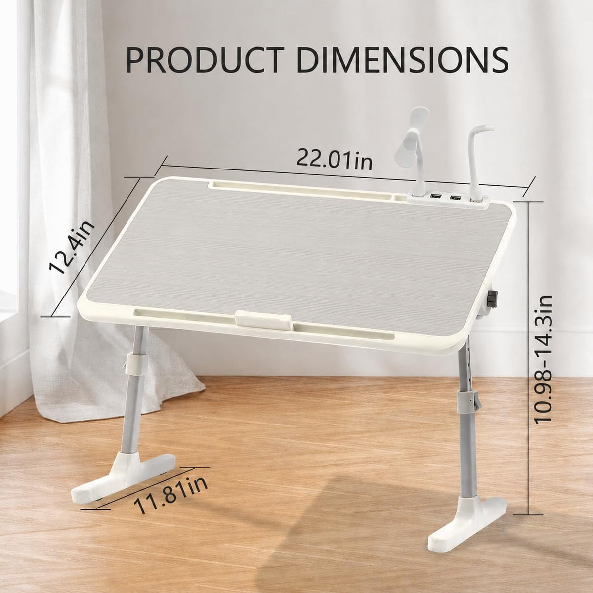 PHANCIR Adjustable Folding Lap Desk with USB Fan and LED Light, Gray