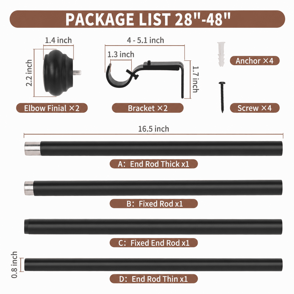 PHANCIR 28-48 Inch Adjustable Curtain Rod with 2 Brackets, Black