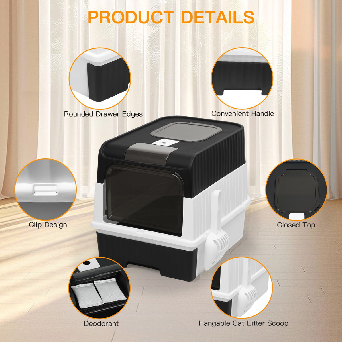 PHANCIR Foldable Enclosed Cat Litter Box with Scoop, Black
