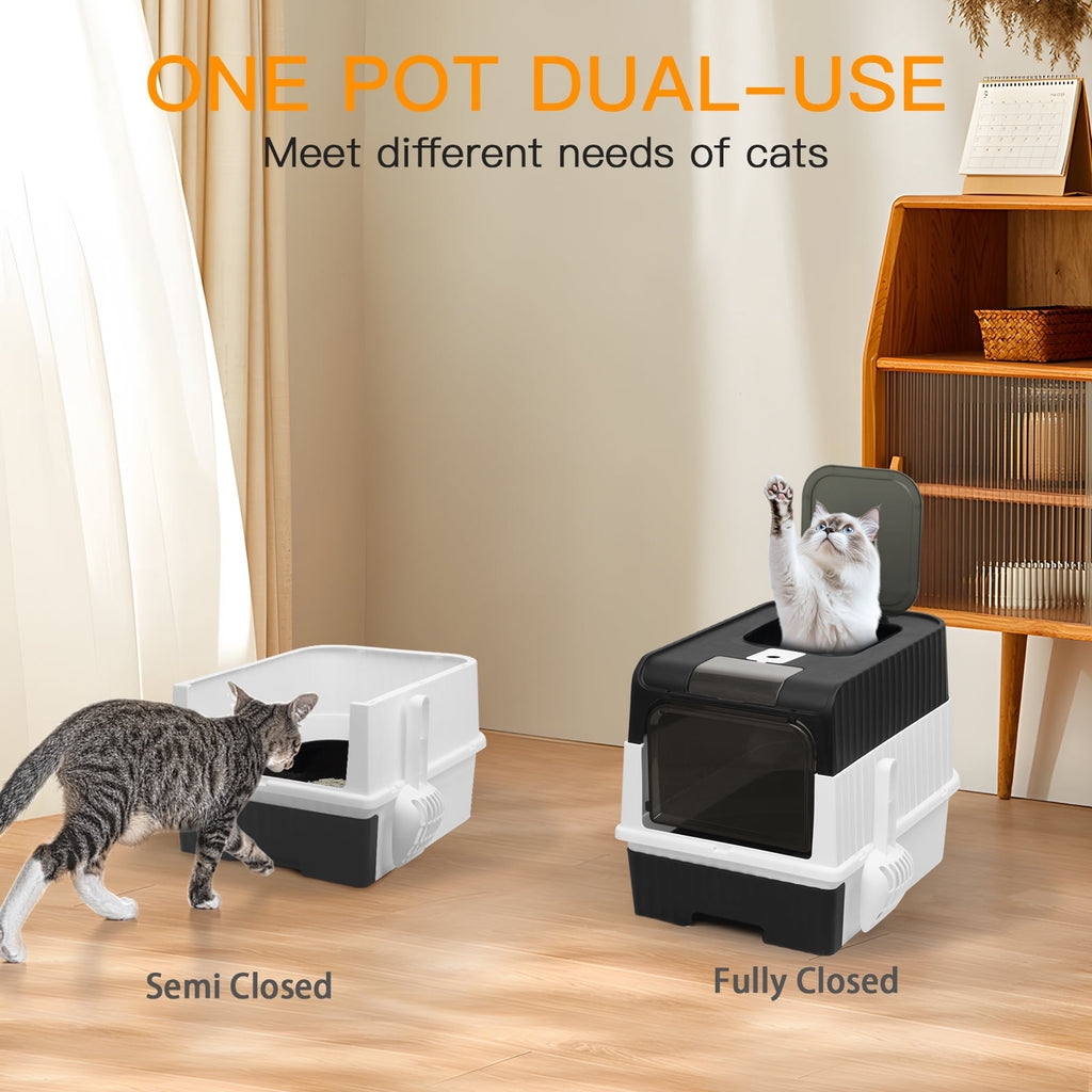 PHANCIR Foldable Enclosed Cat Litter Box with Scoop, Black