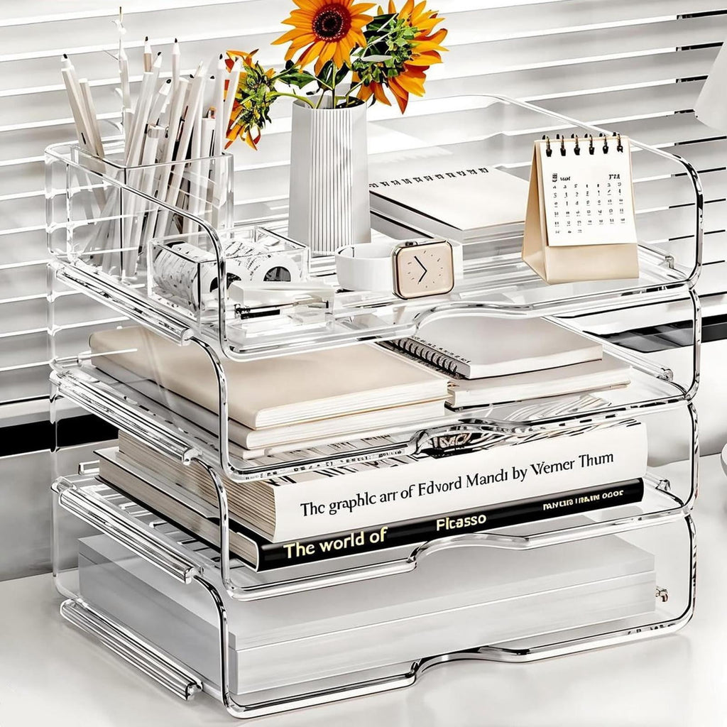PHANCIR Clear 4-Tier Stackable Desk Organizer for A4 & Letter Paper