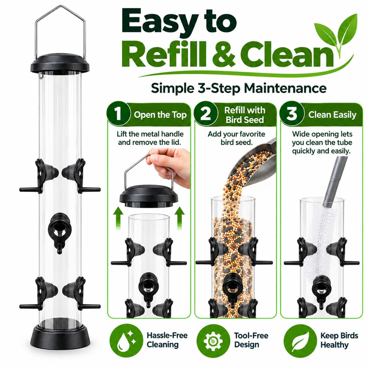 PHANCIR Tube Bird Feeder with 6 Feeding Ports