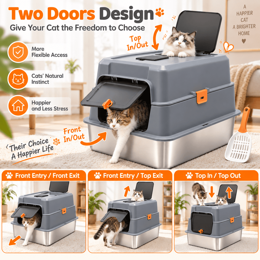 PHANCIR XL Stainless Steel Cat Litter Box with Lid, Gray