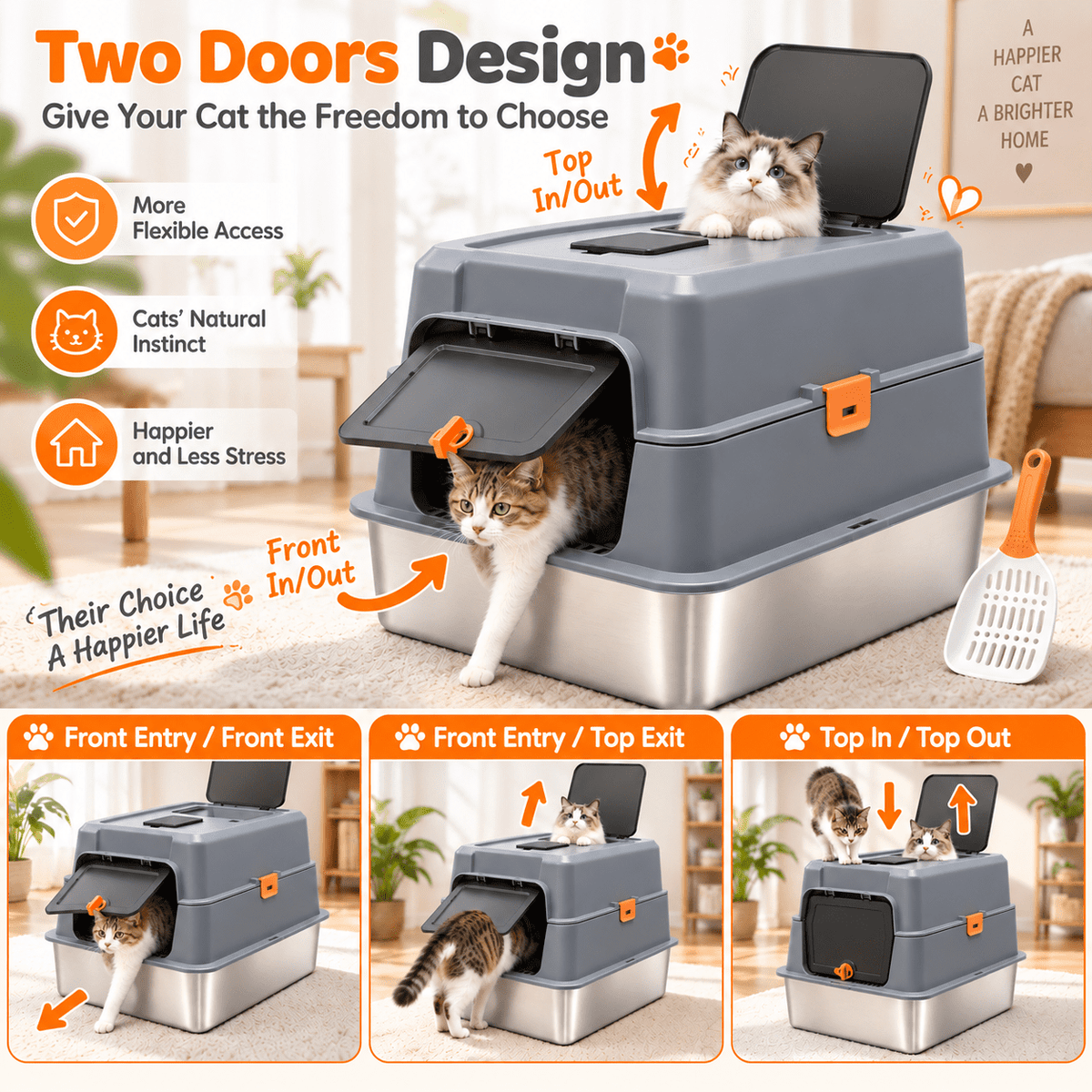 PHANCIR XL Stainless Steel Cat Litter Box with Lid, Gray