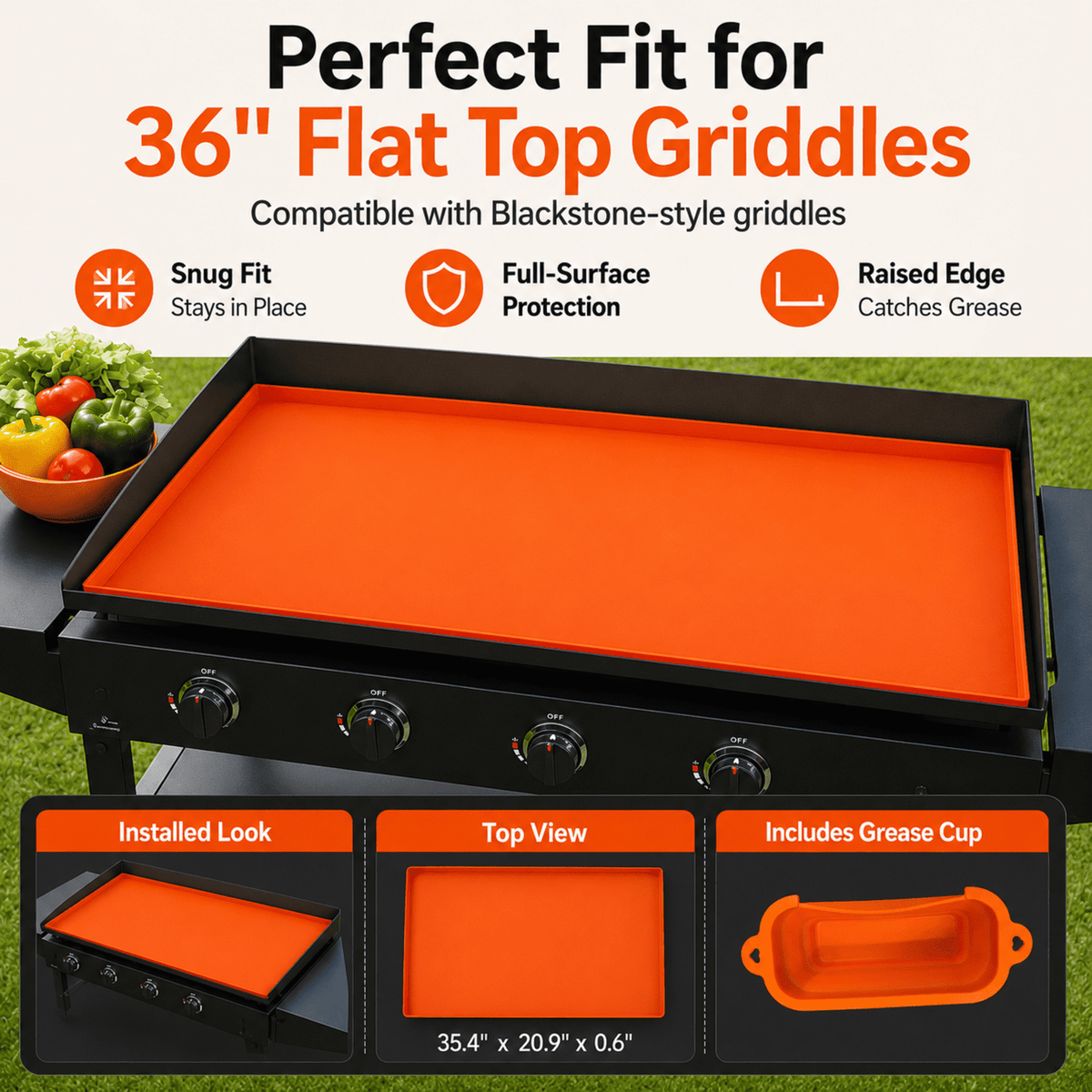 36-Inch Silicone Griddle Mat for Blackstone with Grease Cup, Orange