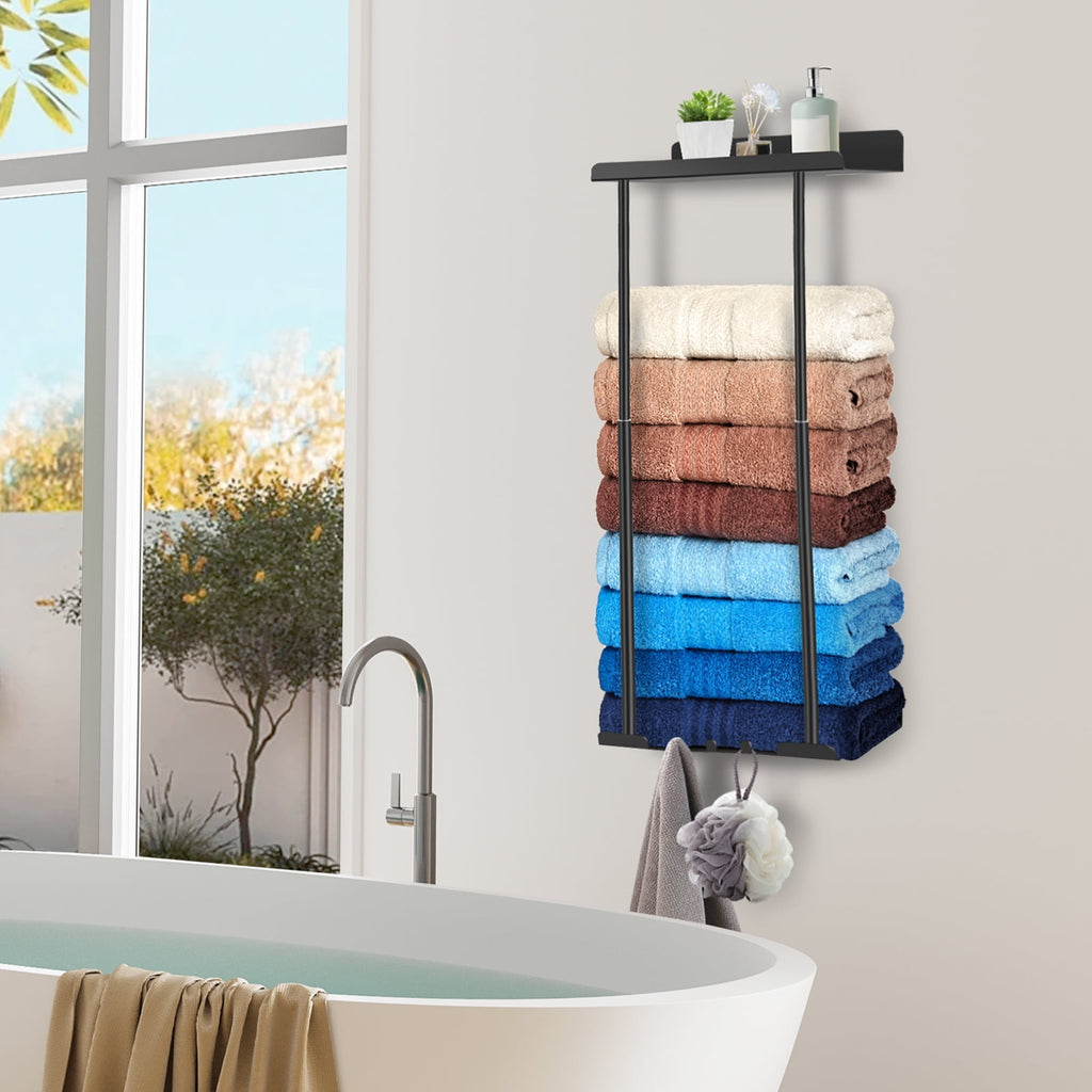 PHANCIR Retractable Wall Towel Rack with Shelf & Hooks, Black