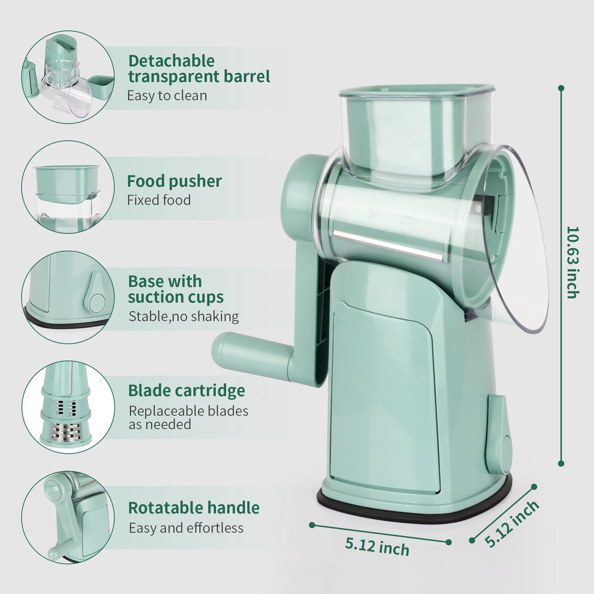 Rotary Cheese Grater with 10 Blades and Suction Base, Green