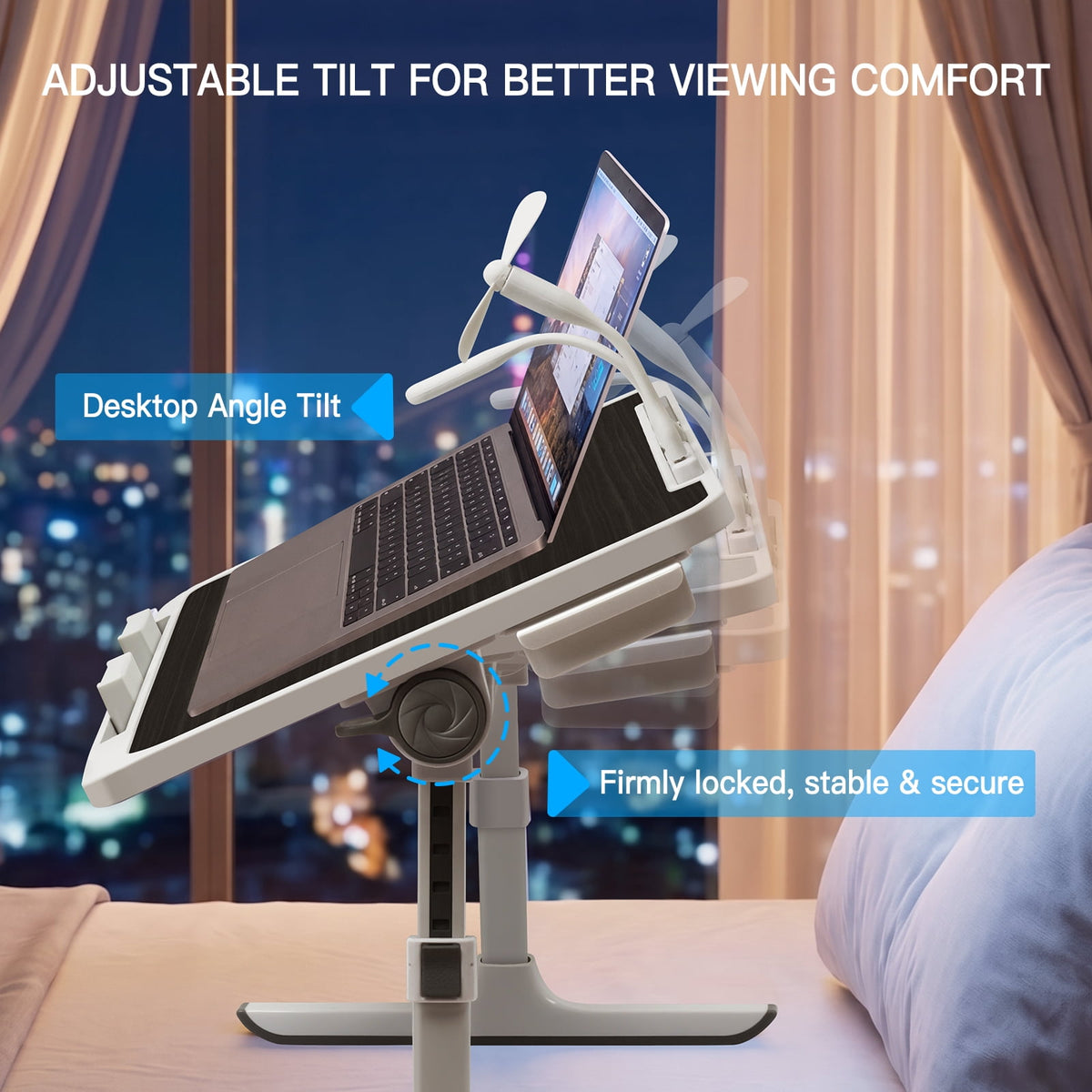 PHANCIR Adjustable Lap Desk with Fan, LED Light and Book Stand, Black