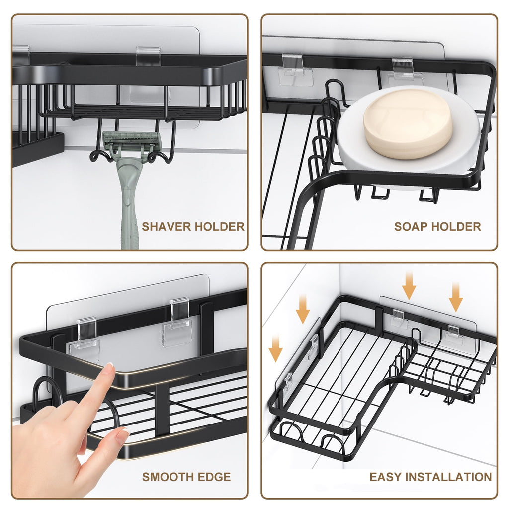 PHANCIR No-Drill Corner Shower Caddy with Hooks, Black