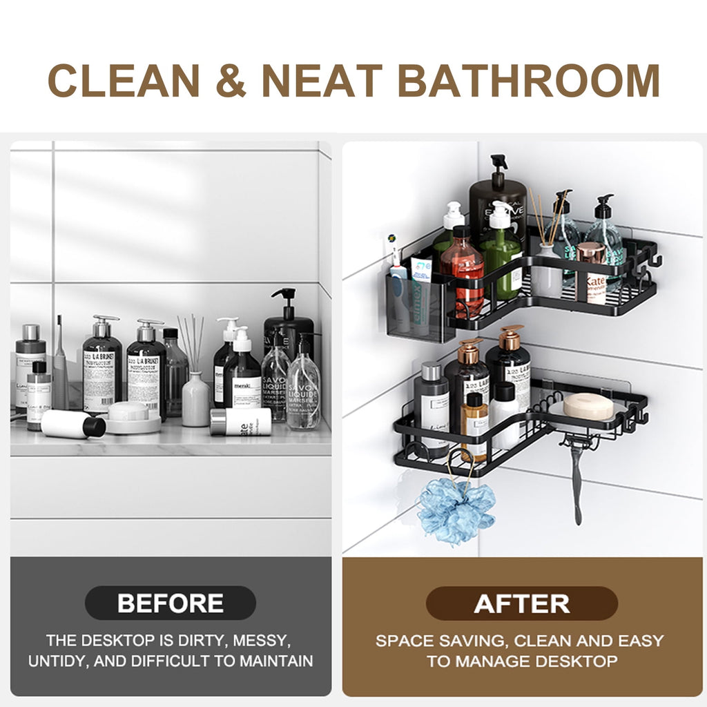 PHANCIR No-Drill Corner Shower Caddy with Hooks, Black